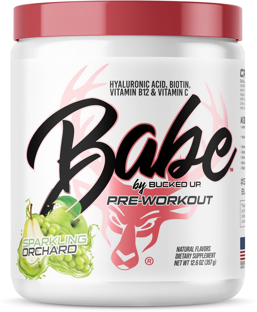 Babe Pre Workout Polvo para Mujeres Silencio Sparkling Orchard Silencio 6g Citrulline, 2g Beta-Alanine, 100mg Hyaluronic Acid, 5mg Biotin y 5 otros ingredientes registrados de marca registrada TEN 30 servientes TEN 12.6 OZ