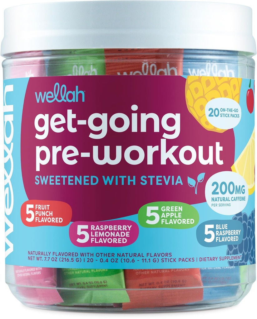 Wellah Get-Going Pre-Workout Variety Pack (20 Stick Packs) - 200mg Natural Caffeine, Stevia-Sweetened, with Citrulline Malate and L-Theanine, & 1000mg of Beta-Alanine