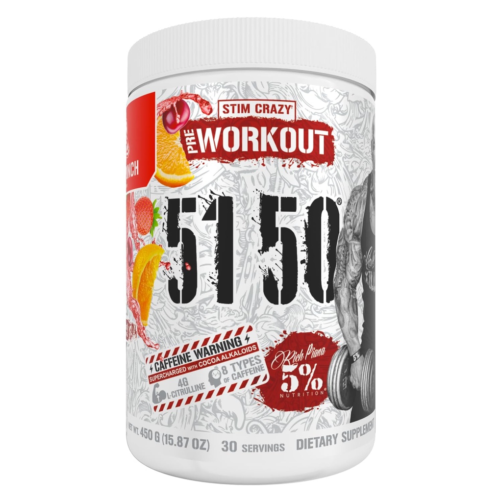 5% Nutrition Rich Piana 5150 High Stim Pre-Workout Powder | Extreme Energy, Focus, Pumps & Endurance | 400 mg Caffeine, Citrulline, Beta Alanine, N-Acetyl L-Tyrosine | 30 Srvgs (Fruit Punch)