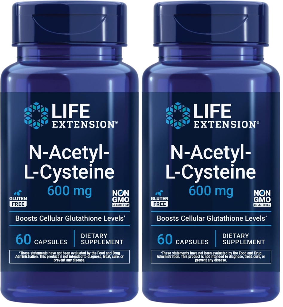 Extensión de la vida N-Acetyl-L-Cysteine (NAC),Inmune,Respiratory,Liver Health,NAC 600 mg,Potente antioxidante Support,Free-radicals,Easy to Absorb,60 Capsules,(Pack of 2)