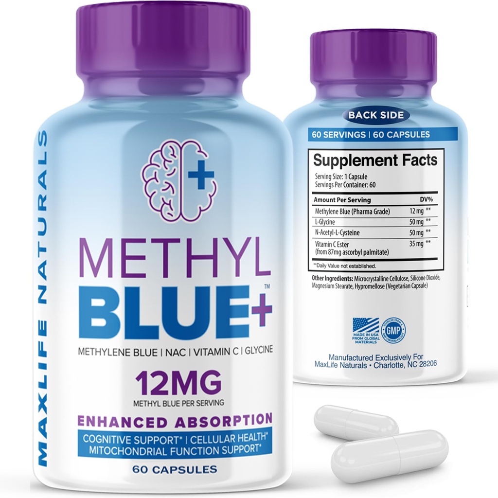 MAXLIFE NATURALS Pure Methylene Blue Capsules, Ultimate Methylene Blue Pharmaceutical Grado 12mg - 60 cápsulas con vitamina C Ester & NAC Glycine, soporta la función celular y cognitiva, hecha en EE.UU.