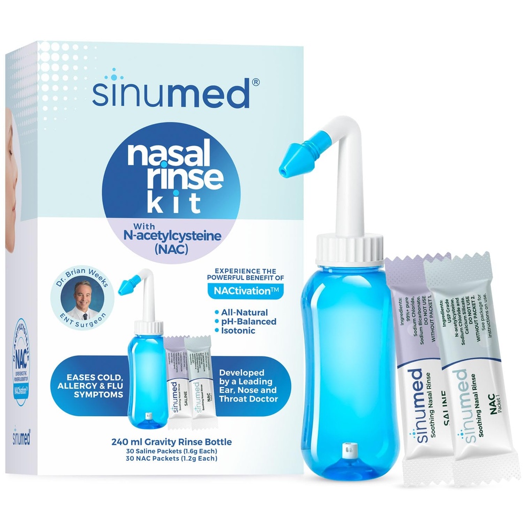 Sinus Rinse, 60PK Nasal Rinse Packets with NAC and Saline, Gravity Rinse Bottle, Alternative to Neti Pot, Helps with Allergy, Congestion, Cold Symptoms (Gravity Bottle with NAC 60PK)