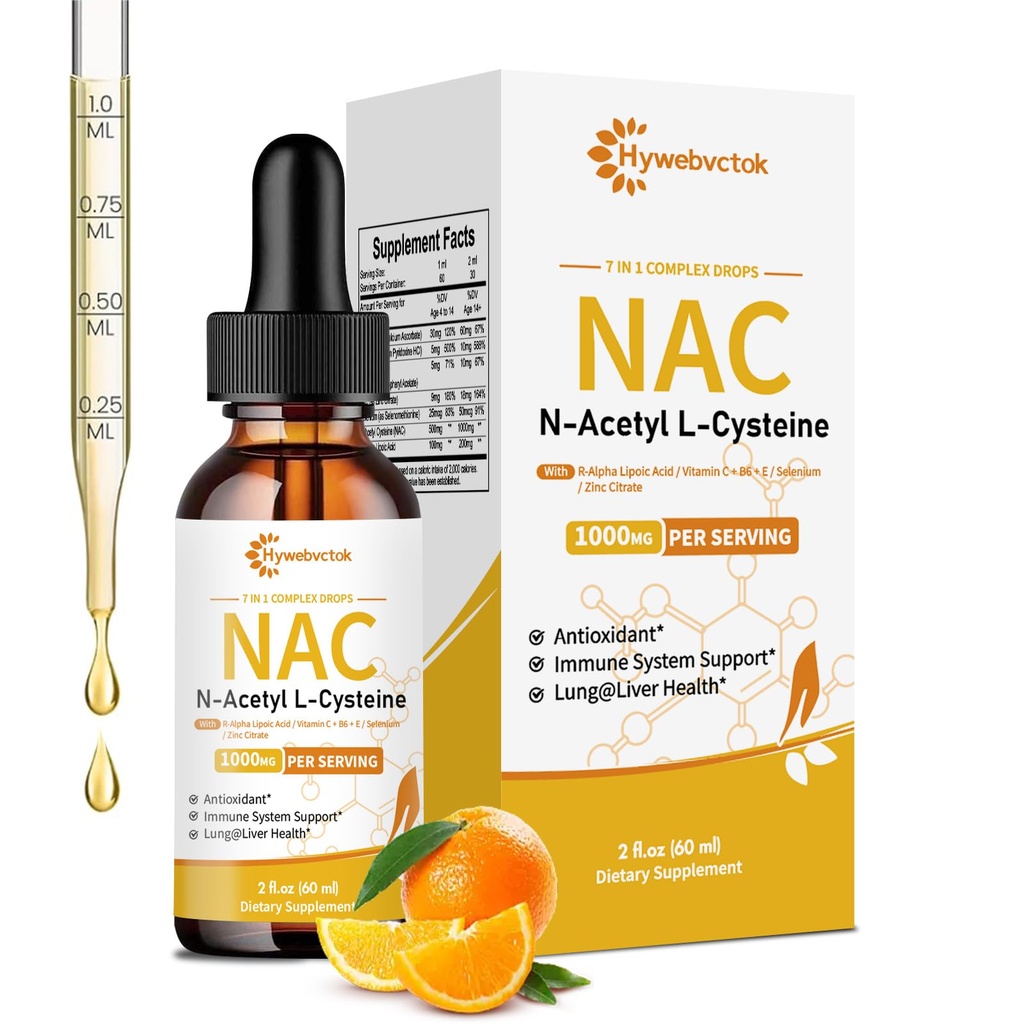 Liquid NAC Drops 1000 MG, NAC Supplement N-Acetyl Cysteine with R-Alpha Lipoic Acid,NAC for Kids & Adults, Immune & Antioxidant Support, Liver & Lung Health, Orange Flavor, 0 Sugar, 2FL OZ