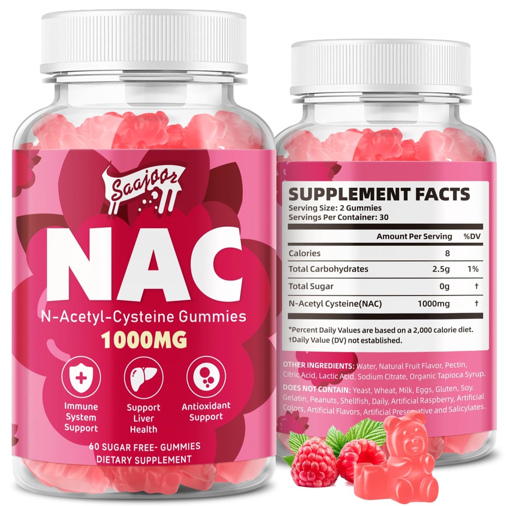 NAC Gummies Sugar-Free, N-Acetyl Cysteine NAC Suplemento 1000mg para Antioxidantes, Immune Support, Non-GMO, Gluten-Free, Vegan – Raspberry Flavor, 60 Gummies