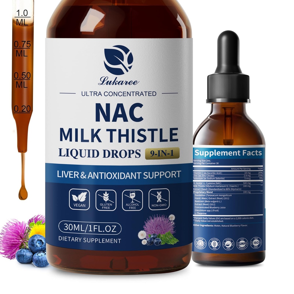Lukaree Liposomal NAC Suplemento N-Acetyl-L-Cysteine 600mg con Milk Thistle - NAC Amino Acid Drops w/Selenium for Liver ' Kidney Support*, Lung, Antioxidants & Immune Support*- Vegan, Non-GMO- 2oz