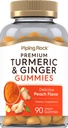 Piping Rock Turmeric y Ginger Gummies Silencio 90 Conde ← Peach Flavor  Fórmula Vegan Silencio No Gluten Suplemento Gratis