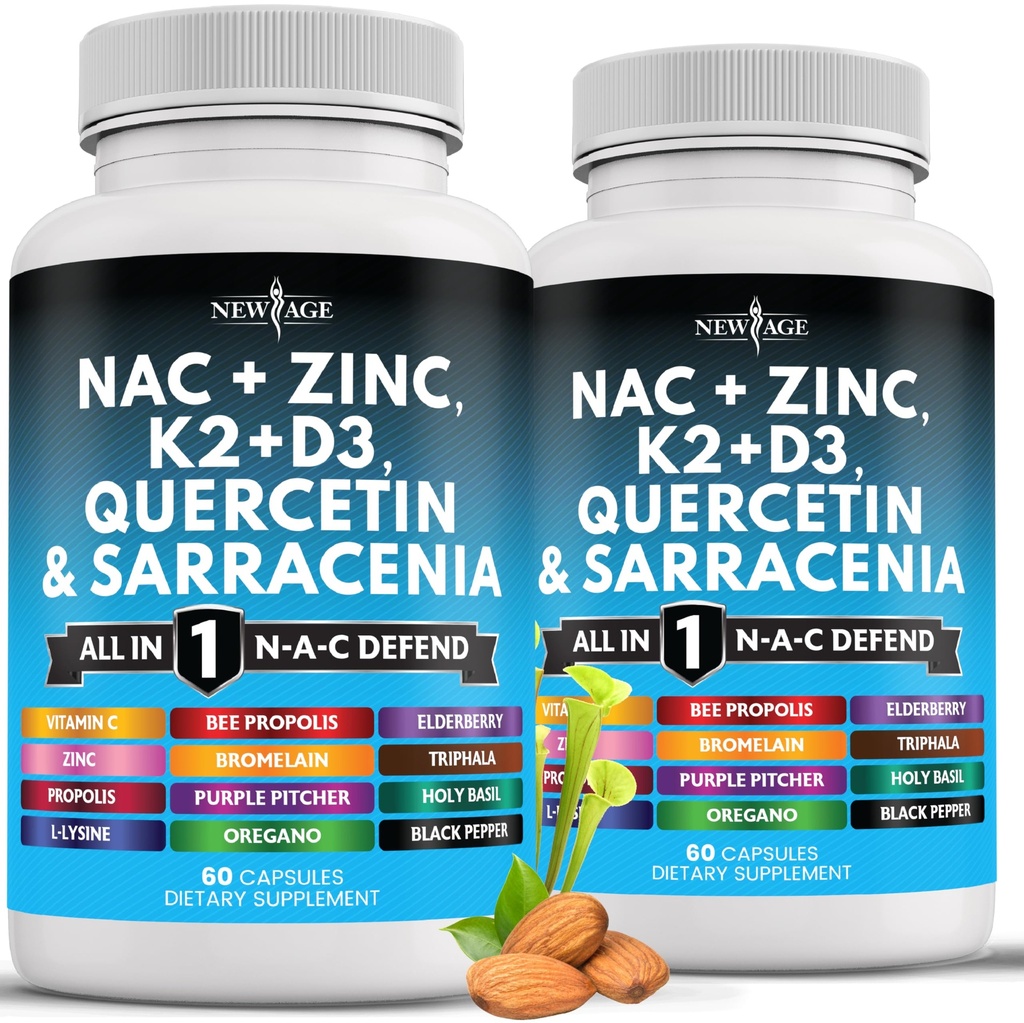NEW AGE NAC Supplement N-Acetyl Cysteine- with Vitamin D3, K2, Zinc, Quercetin, Triphala, Sarracenia Purpurea, Elderberry, Holy Basil, Bee Propolis, Bromelain, L-Lysine - 120 Count