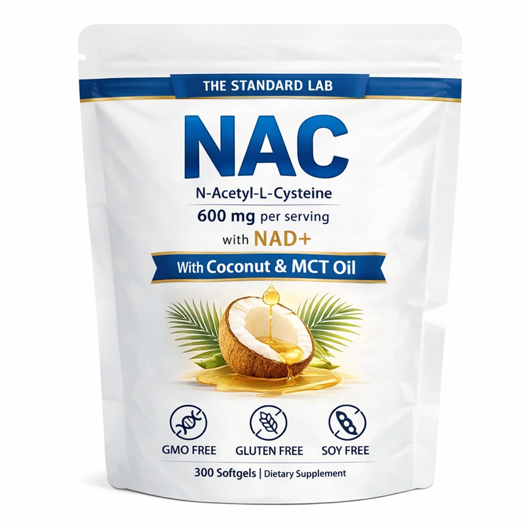 El laboratorio estándar NAC 600mg con NAD+ Complejo diario, suplemento de cisteína N-Acetil, Fórmula de apoyo antioxidante, Vegan, no GMO, Gluten Free, 300 Softgels