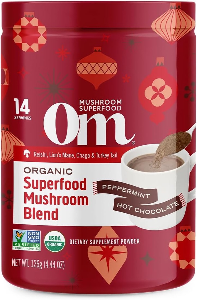 Om Mushroom Superfood Peppermint Hot Chocolate Blend – Cocoa Mushroom Powder con Lion’s Mane, Reishi, Chaga & Turquía Tail – Immune Health, Focus &amp; Stress Support – 4,44 oz Canister (14 Servings)