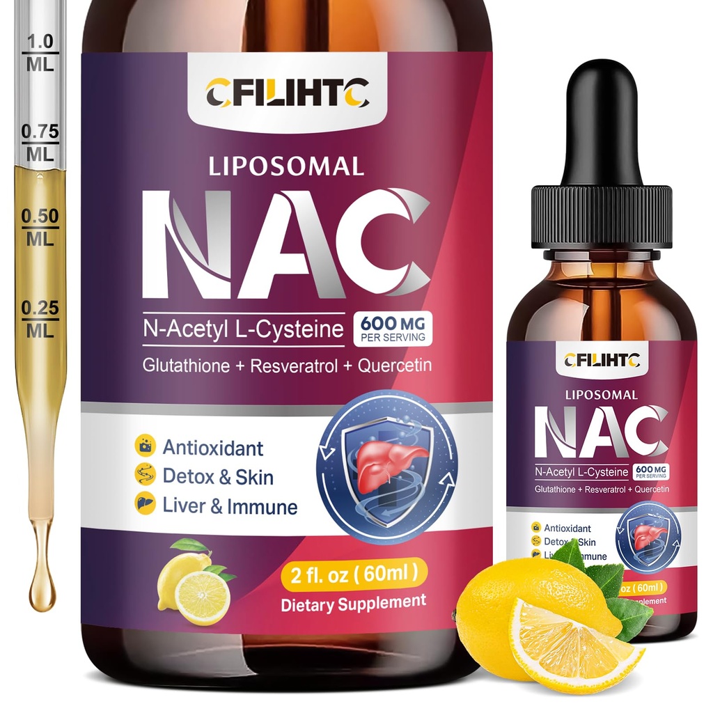 Liposomal Líquido NAC Suplemento N-Acetil Cysteine Drops, N Acetyl Cysteine 600mg con Glutathione, Resveratrol & Zinc para adultos &amp; niños Lung Antioxidant Immune & Skin Health, Lemon 2 Fl Oz