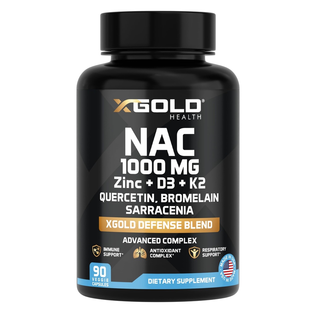 XGold Health NAC 1000 mg with Quercetin 95%, Bromelain, Zinc, Vitamin C, D3 & K2 Immune Support & Antioxidant Supplement Advanced Defense Blend 90 Veggie Capsules