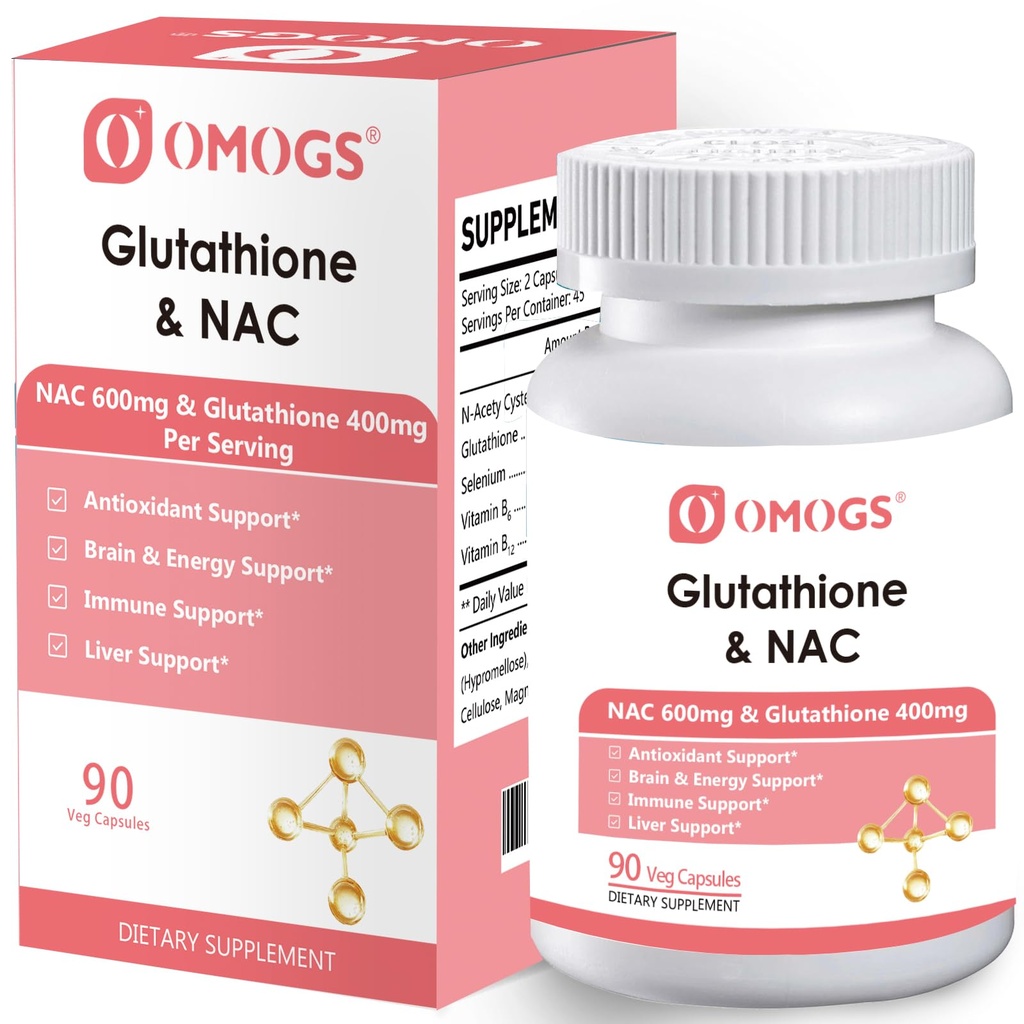 OMOGS Glutathione & NAC Supplement, with vtamin B & Selenium, Supports Liver Health, Cellular, Antioxidant, Energy Production & Immune, Vegan & Gluten-Free, 90 Veg Capsules.