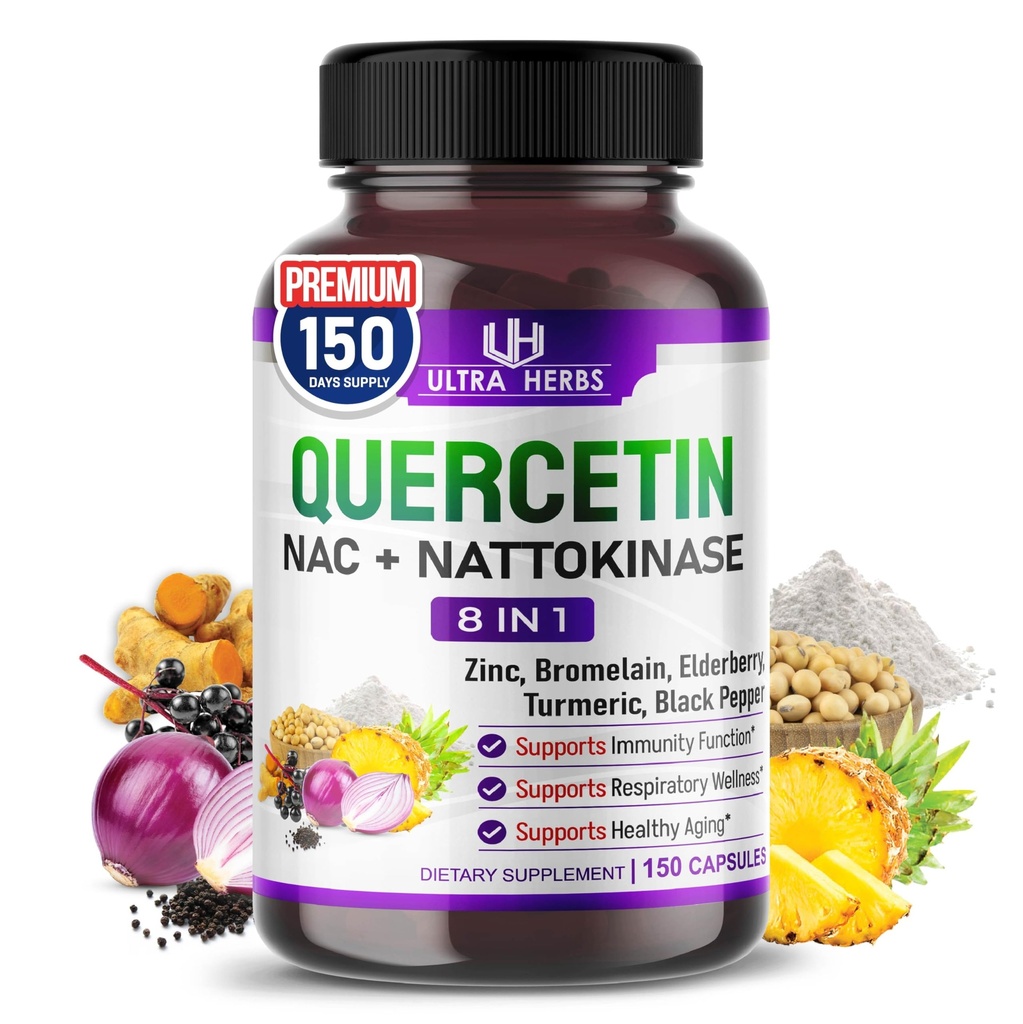 Quercetin Supplement with Bromelain, Vitamin C and Zinc, Nattokinase, NAC, Elderberry, Elderberry | 8 in 1 Ultra Antioxidant Complex for Immune Health | 150 Capsules