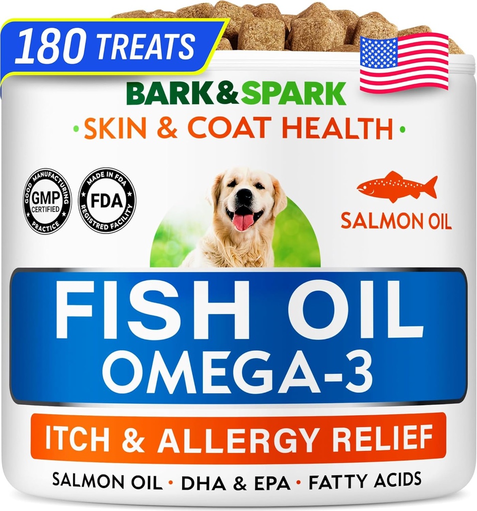 BARKюSPARK Omega 3 for Dogs - 180 Fish Oil Treats for Dog Shedding, Skin Allergy, Itch Relief, Hot Spots Treatment - Joint Health - Skin and Coat Supplement - EPA & DHA Fatty Acids - Canine Salmon Oil