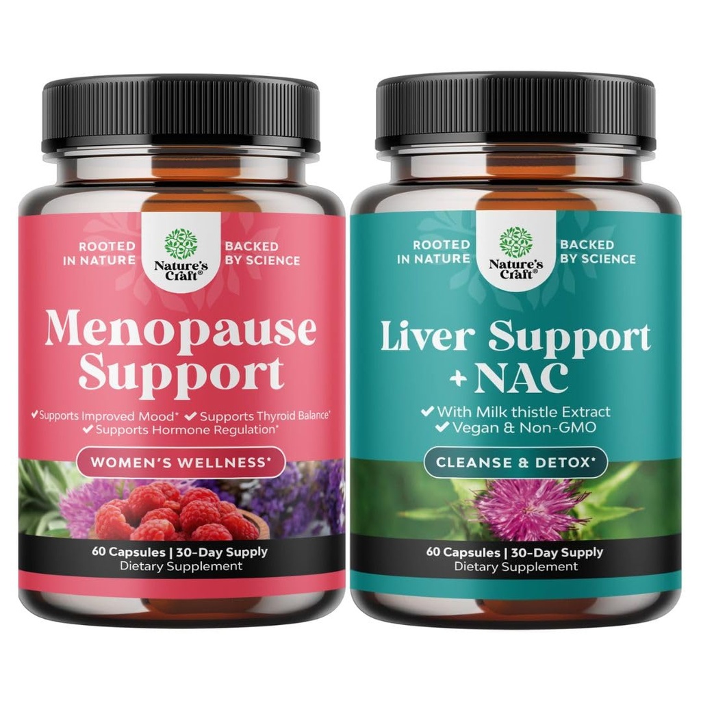 Bundle of Complete Herbal Menopause Supplement for for Night Sweats Hot Flashes & Mood Swings and Liver Support NAC Supplement with Milk Thistle for Liver Cleanse Detox & Repair - N Acetyl Cysteine