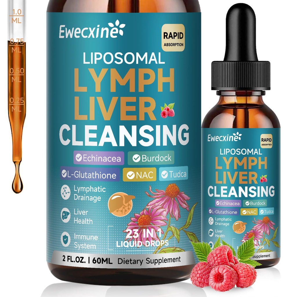 Liposomal Lymphatic Drainage & Liver Cleanse Drops, 23-in-1 with Echinacea, NAC, TUDCA, L-Glutathione, Burdock for Lymph, Liver Detox & Repair, Immune Support, Raspberry Flavor, 2 fl oz Supplement