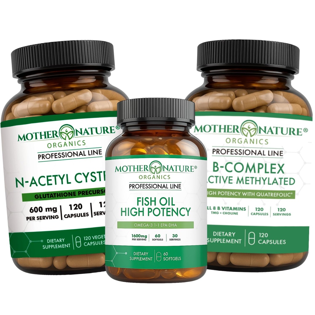 NAC + Omega-3 + B Complex Bundle – Immune, Energy & Heart Support | Antioxidant Defense for Brain, Stress & Wellness