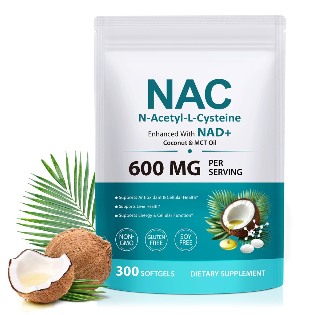 NAC Supplement Softgels, 300 Softgels N-AcetyI-L-Cysteine Supplement with Coconut & MCT Oil, Antioxidant & Cellular Health Support, Normal Liver Function Non-GMO, Gluten Free
