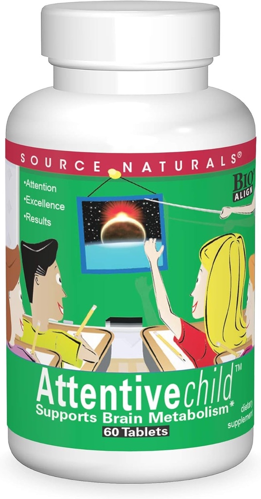 Fuente Naturals Attentive Niño - Nutrientes cognitivos saludables para niños activos - Enfoque mejorado " Atención con DMAE, Magnesio, Zinc " Grape Seed Extract - 60 Tablets