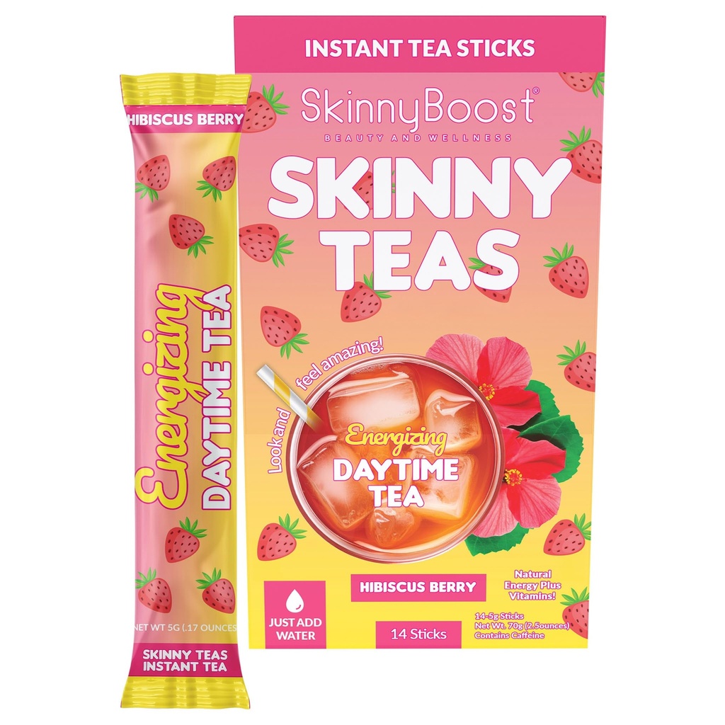 Skinny Teas Energizing Daytime Tea Sticks – Hibiscus Berry Instant Tea, Natural Energy + Metabolism Support, Vitamins + Prebiotic Fiber, 10 Calories, 14 Count