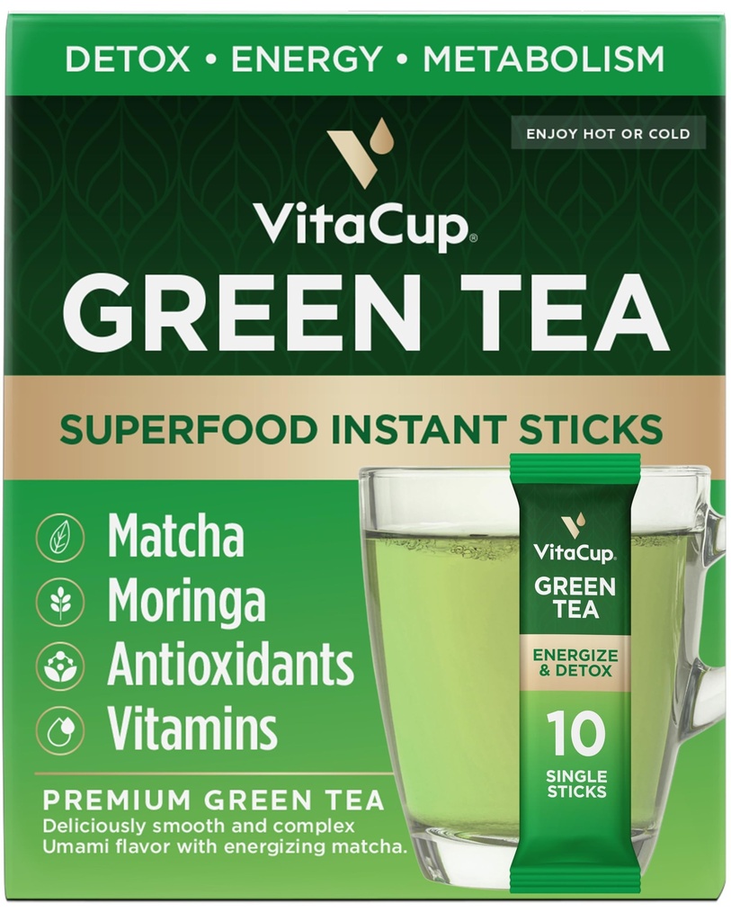 VitaCup Green Tea Instant Packets, Enhance Energy & Detox with Matcha, Moringa, B Vitamins, D3, Fiber, Keto, Paleo, Vegan in Tea Powder Single Serving Sticks, 10 Ct