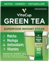 VitaCup Green Tea Instant Packets, Enhance Energy & Detox with Matcha, Moringa, B Vitamins, D3, Fiber, Keto, Paleo, Vegan in Tea Powder Single Serving Sticks, 10 Ct