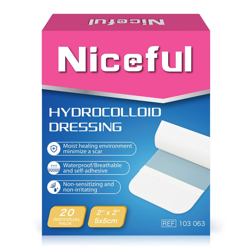 Niceful 20 Count Hydrocolloid Bandages 2" x 2", Wound Dressing Small Hydrocolloid Gel Bandages for Wounds, Wound Healing Bed Sore Bandage