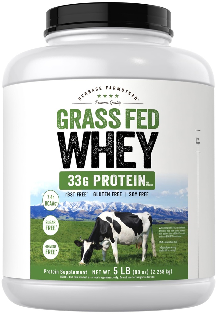 Carlyle Grass Fed Whey Protein Powder | 5lb (80 oz) | Unflavored Supplement for Women and Men with BCAA | Sugar and Hormone Free | Vegetarian, Non-GMO and Gluten Free | by Herbage Farmstead