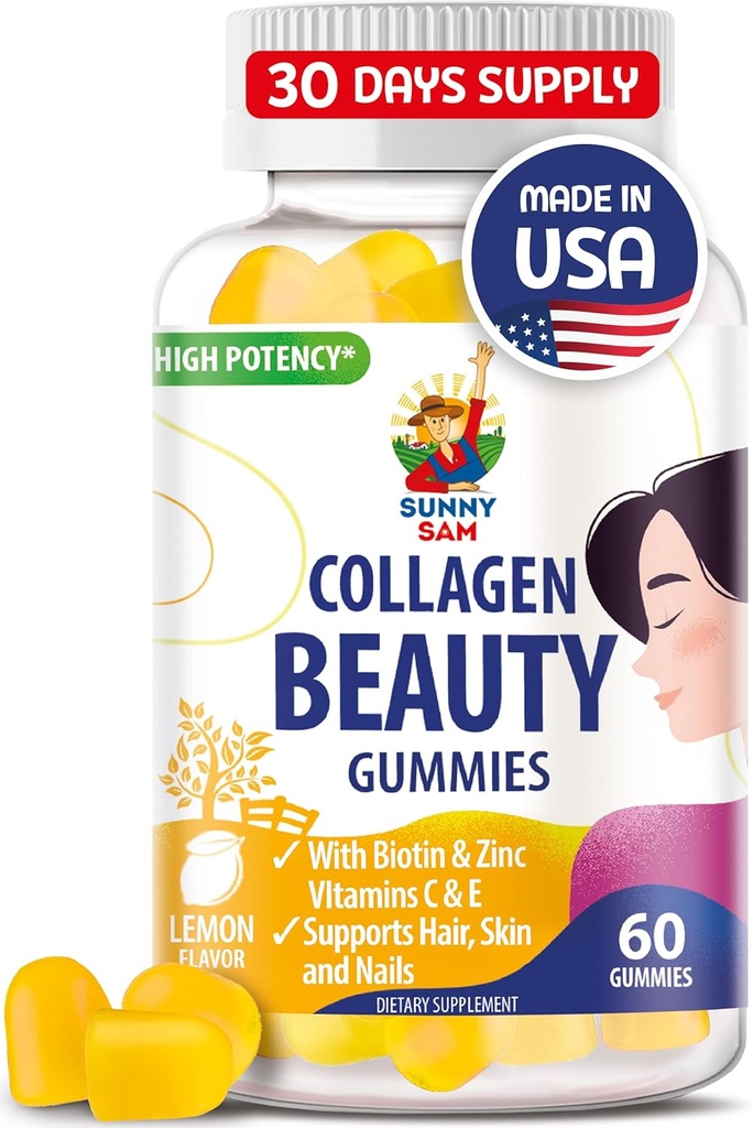 SUNNY SAM Biotin Collagen Gummies for Women &amp; Girls - Low Sugar 60 Chewable Beauty Collagen Gummies for Enhanced Hair Skin and Nails - Biotin, Vitamina A, Zinc Supplement - Natural Lemon Flavor
