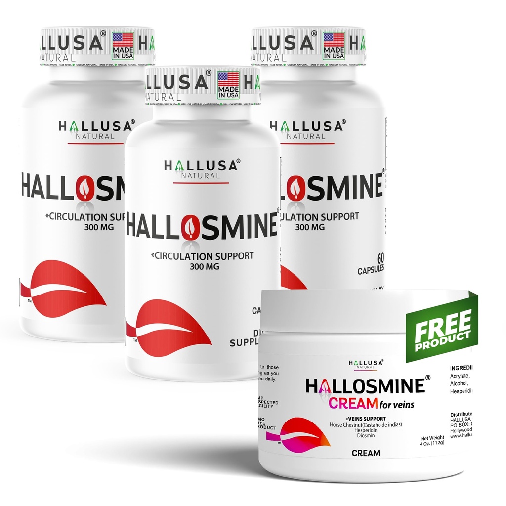 Hallusa Natural Hallosmine 300mg Diosmin, 180 Capsules + Free Leg Cream with Diosmin, Hesperidin &amp; Horse Chestnut, 4 oz ¦ Blood Circulation " Vein Support Supplement, GMO Free, Gluten Free