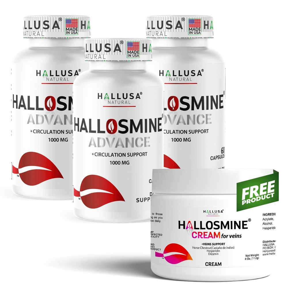 Hallusa Natural Hallosmine Advance 1000mg Diosmin, 180 Capsules + Free Leg Cream with Diosmin, Hesperidin &amp; Horse Chestnut, 4 oz ANTE TEN Blood Circulation &amp; Vein Support Supplement, GMO Free, Gluten Free