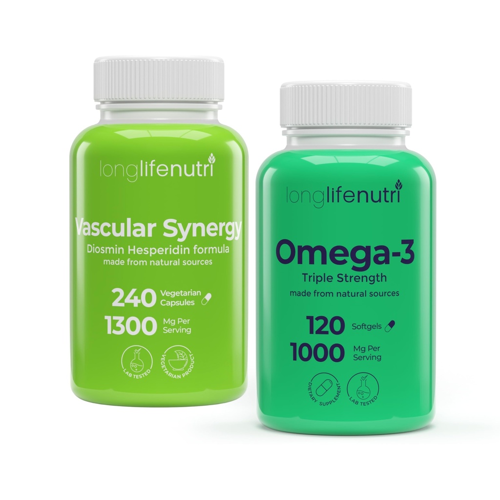 LongLifeNutri Vascular Synergy Diosmin Hesperidin Complex 1300 mg & Omega-3 Fish Oil 1000 mg Bundle – 240 Veg Capsules + 120 Softgels, 4-Month Supply, Lab Tested, Made in USA