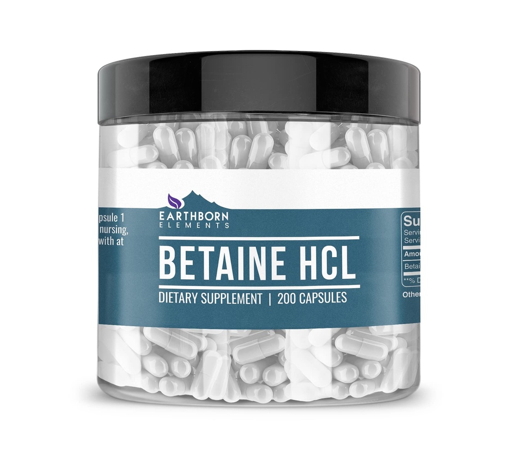 Elementos tercos Betaine HCL, 200 capsules, Lab-Tested, No Filler o Aditivos