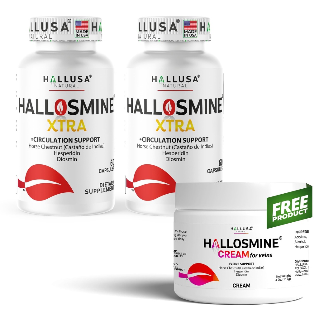 Hallosmine Xtra 850mg Diosmin Hesperidin & Horse Chestnut, 120 Capsules + FREE Leg Cream with Diosmin, Hesperidin & Horse Chestnut, 4 oz | Circulation & Vein Support, GMO Free, Gluten Free
