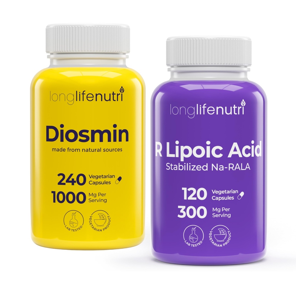 LongLifeNutri Diosmin 1000 mg & R-Alpha Lipoic Acid 300 mg Bundle – 240/120 Vegan Capsules, 4-6 Month Supply, Vascular Bioflavonoid & Stabilized Antioxidant, Non-GMO, GMP Certified, Made in USA