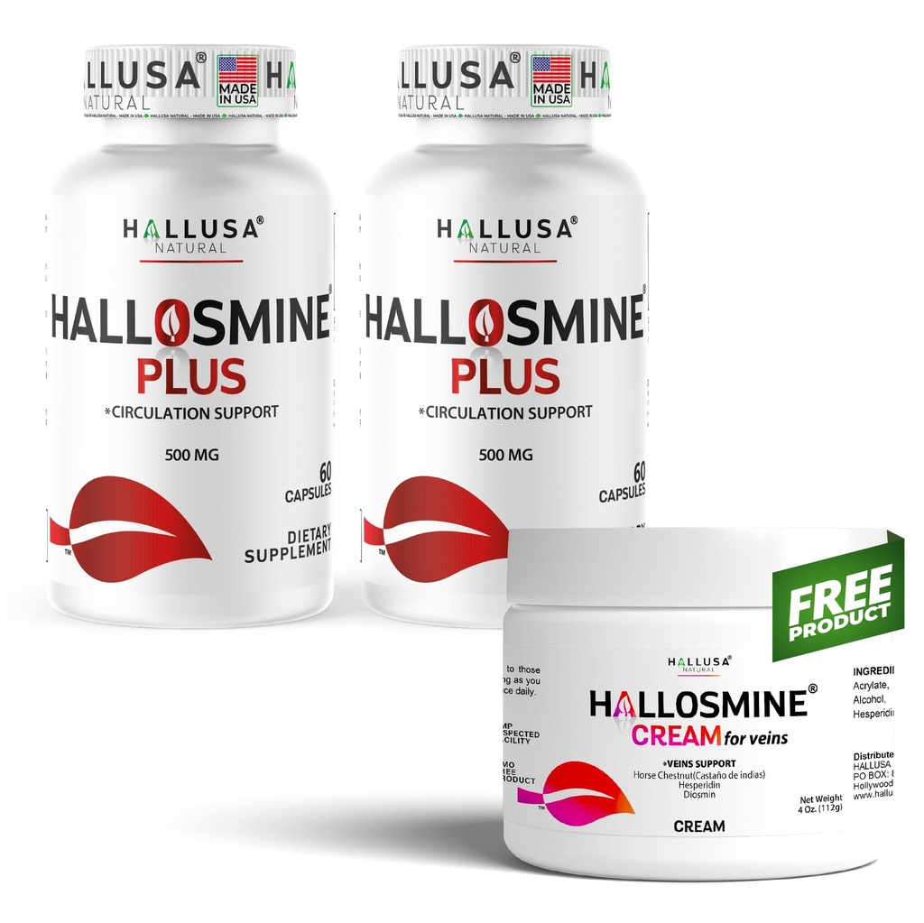 Hallusa Natural Hallosmine Plus 500mg Diosmin, 120 Capsules + Free Leg Cream with Diosmin, Hesperidin & Horse Chestnut, 4 oz | Blood Circulation & Vein Support Supplement, GMO Free, Gluten Free