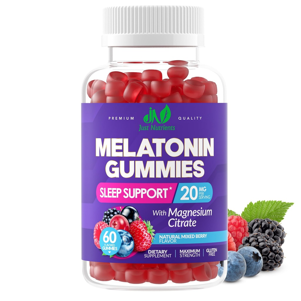 Melatonin 20mg Gummies with Magnesium Citrate - Maximum Strength Sleep Aid for Adults with 10mg of Melatonin Per Gummy - Gluten-Free, Non-GMO, Vegetarian, Mixed Berry Flavor - 60 Gummies