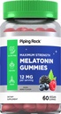 Piping Rock Melatonin Gummies 12mg | 60 Count | Maximum Strength Supplement for Adults | Berry Flavor | Vegan, Non-GMO, Gluten Free