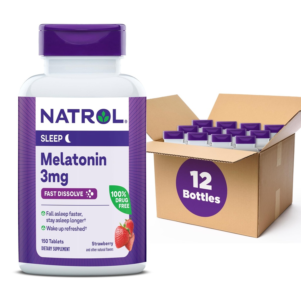 Natrol Melatonin 3mg, Strawberry-Flavored Dietary Supplement for Restful Sleep, 150 Fast-Dissolve Tablets, 150 Day Supply