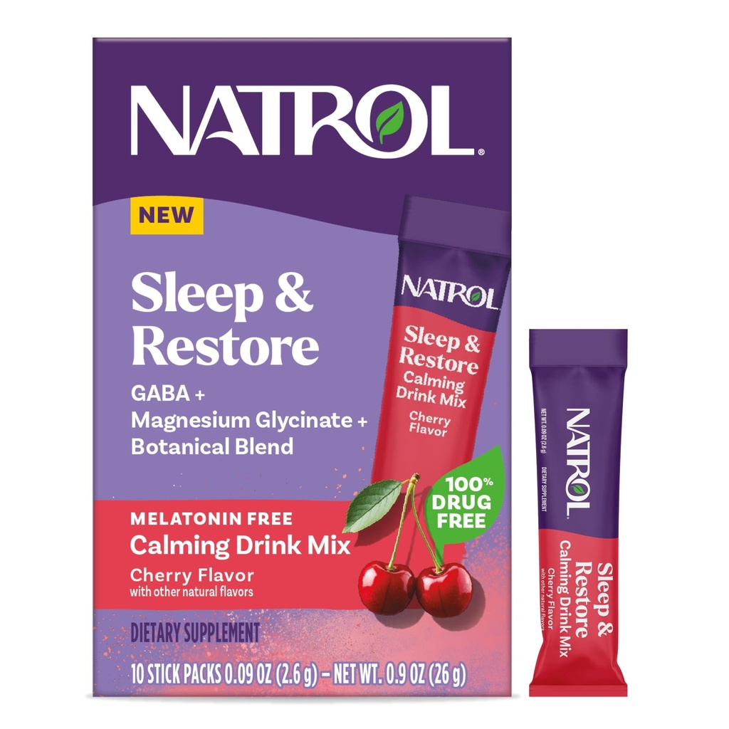 Natrol Sleep & Restore Calming Drink Mix with Magnesium Glycinate, Magnesium Sleep Aid, Melatonin-Free, Cherry, 10 Stick Packs