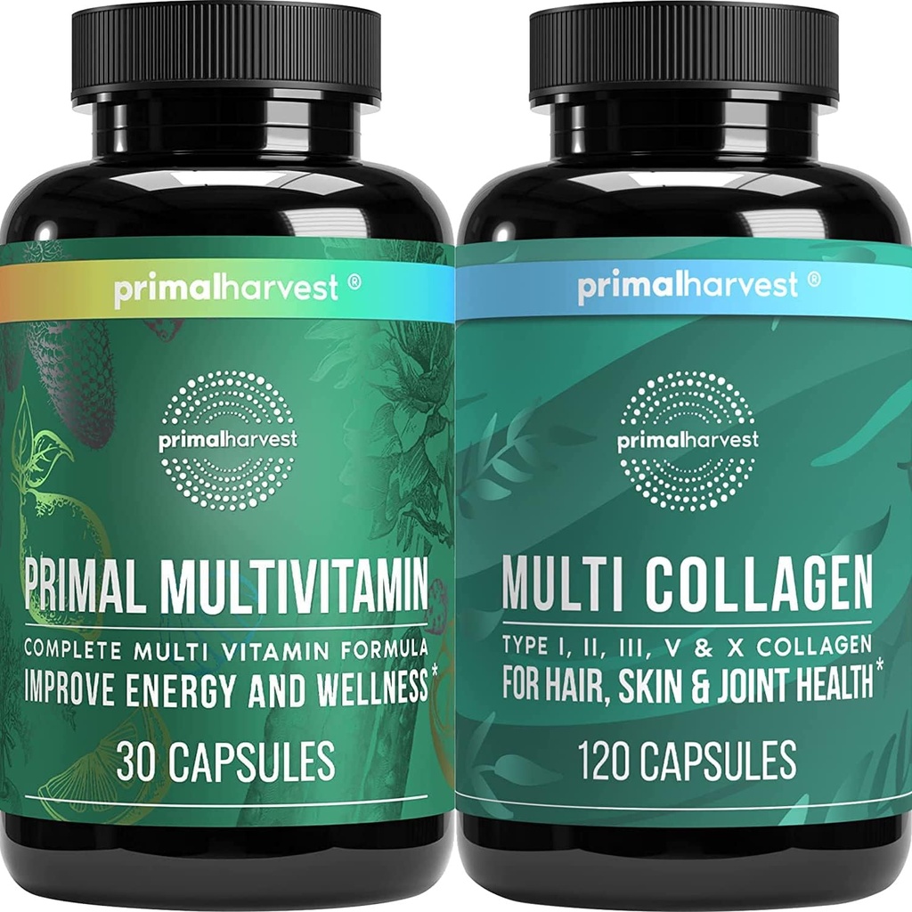 Primal Harvest Multivitamínico &amp; Colagen Suplementos para Mujeres y Hombres Multi Vitaminas Capsules y Collagen Peptides Pills Bundle