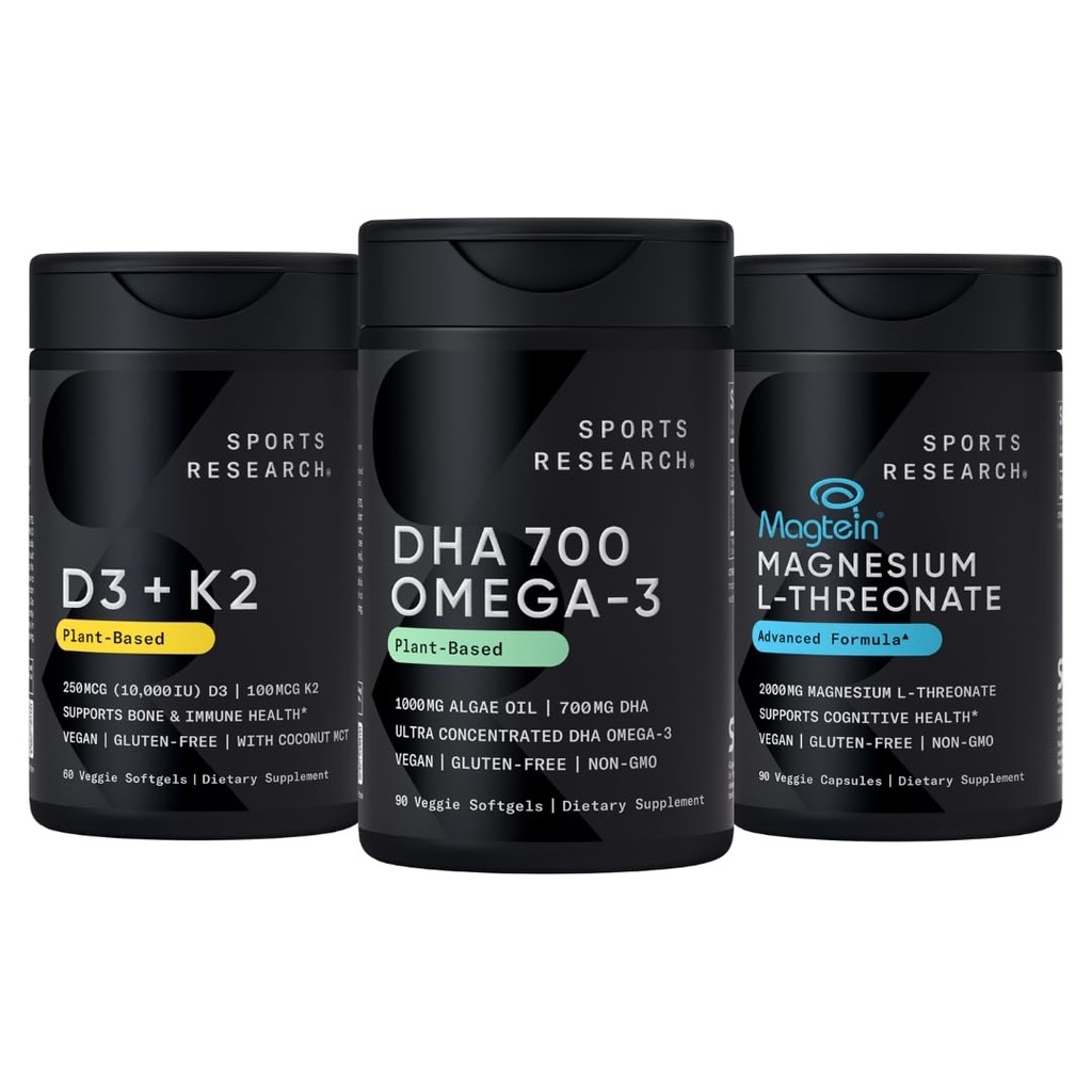 Sports Research® Vegan Supplements Pack - Vegan DHA 700mg Omega-3 + Vitamin D3 K2 5000iu + Magnesium L-Threonate Capsules 2000mg