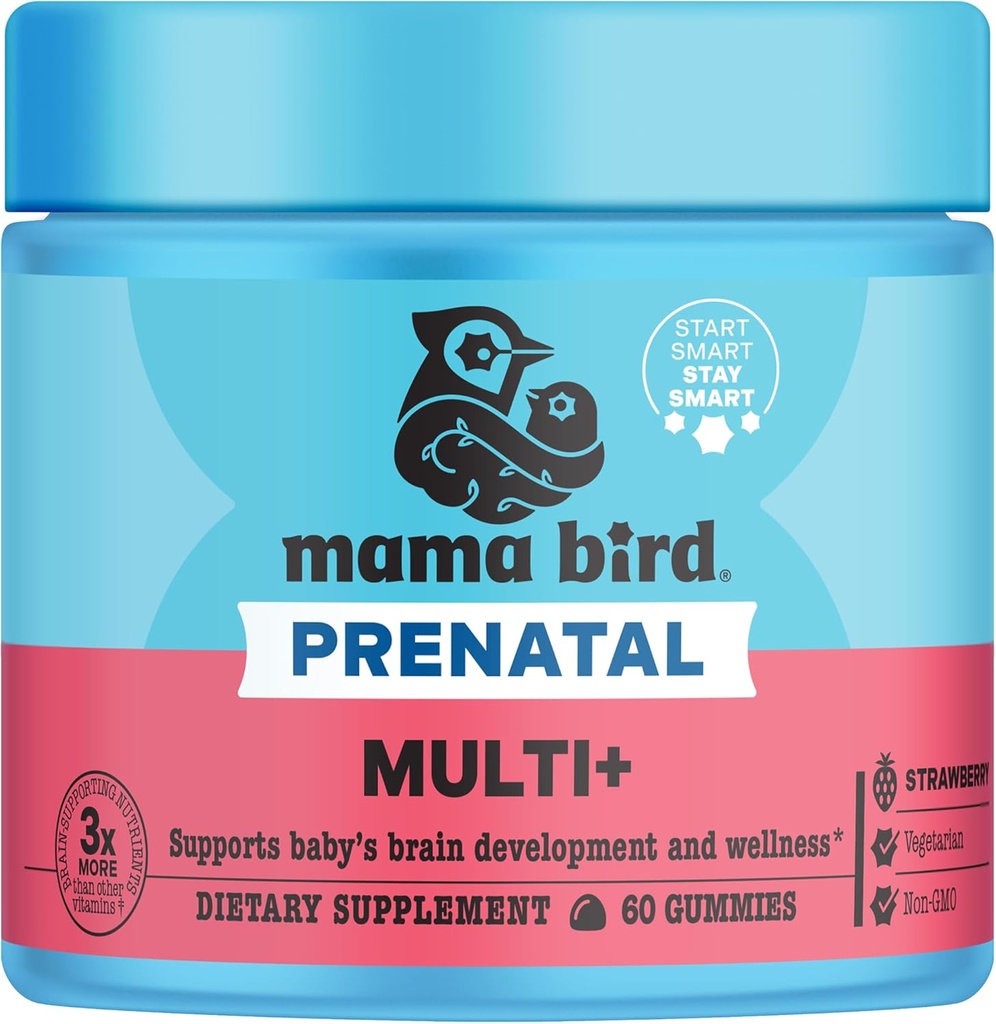 Best Nest Wellness Mama Bird Prenatal Multi Plus - Prenatal Care Supplement Supports Brain & Digestive Health - Vegan Multivitamin with Methylfolate &amp; More - Strawberry, 60 Gummies (30 Servings)
