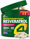 Resveratrol Supplement 1800mg Complex - COQ10, Quercetin, Vitamin E, Calcium Ascorbate - Powerful Antioxidant Formula for Enhanced Energy Heart Health & Healthy-Aging Support Trans Resveratrol 90 Caps
