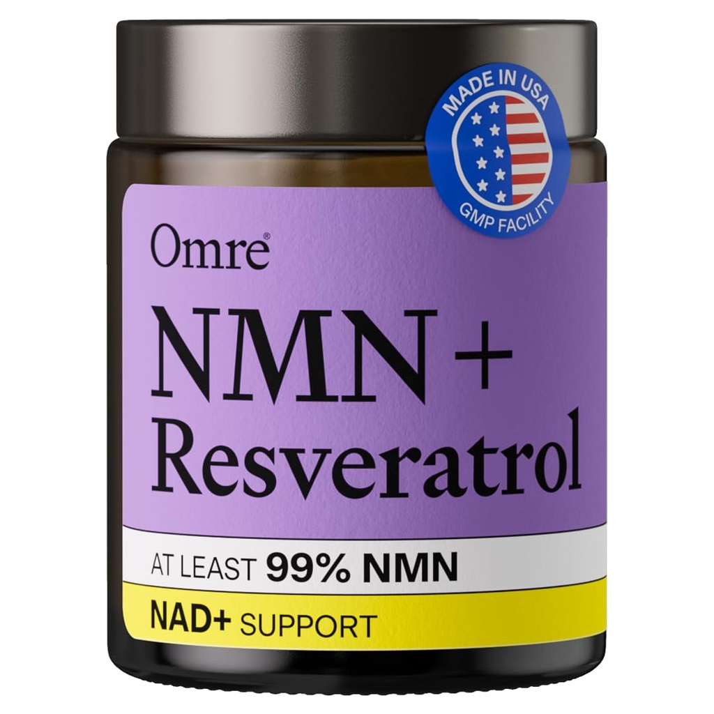 OMRE NMN + Resveratrol Supplement 99% Purity for Cellular Energy, NAD+ Boost | Highly Bioavailable Nicotinamide Mononucleotide Supplement Resveratrol 500mg & NMN 500mg, Made in USA, 60 Capsules