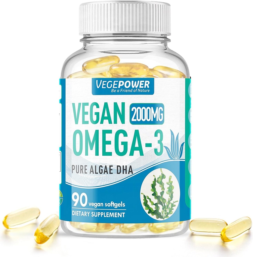 Vegan Omega-3 Algae DHA Suplementos - 2000mg Algae Oil, Planta-Basada Algal Prenatal DHA, 90 Carrageenan Free Softgels -Aceite de pescado sostenible Apoyos alternativos Cerebro, Corazón, Ojos, Salud Conjunta