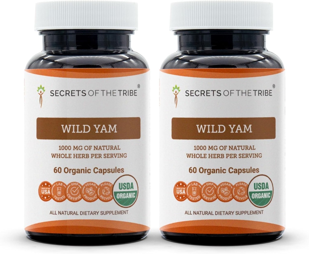 Secrets of the Tribe Wild Yam Capsules 1000 mg Bienes agrícolas USDA Organic Wild Yam (Dioscorea Villosa) Dried Root, Suplemento de Apoyo hormonal (2x60 cápsulas)
