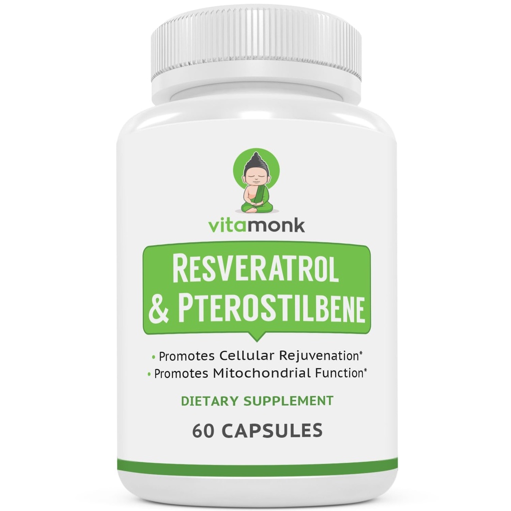 VitaMonk Resveratrol with Pterostilbene 600mg/60mg - No Artificial Fillers Healthy Aging and Longevity Supplement - 60 Capsules - Precise Formula with Trans Pterostilbene Resveratrol Supplements