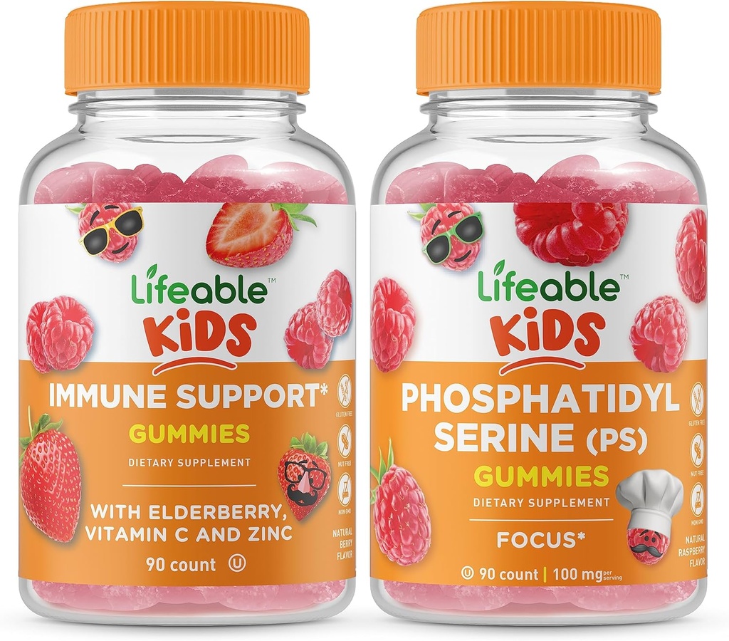 Soporte de inmunológico para niños + fosfatidilserina (PS) Niños, Gummies Bundle - Gran Tasting, Suplemento de vitamina, Gluten Gratis, GMO Gratis, Chewable Gummy