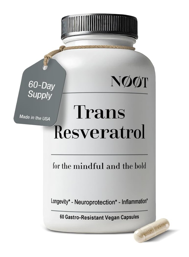 NOOT Trans Resveratrol Supplements 500mg High Purity Capsules for Longevity, Anti Aging, Brain & Heart Support, Cellular Health, Vegan Supplements & Antioxidants, Biohacking & Nootropics, 60 Capsules